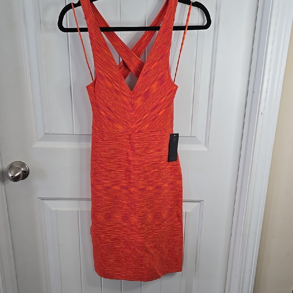GUESS Orange Criss Cross Back Bodycon Dress Summer Party Y2K Inspired Bikercore - Picture 2 of 8